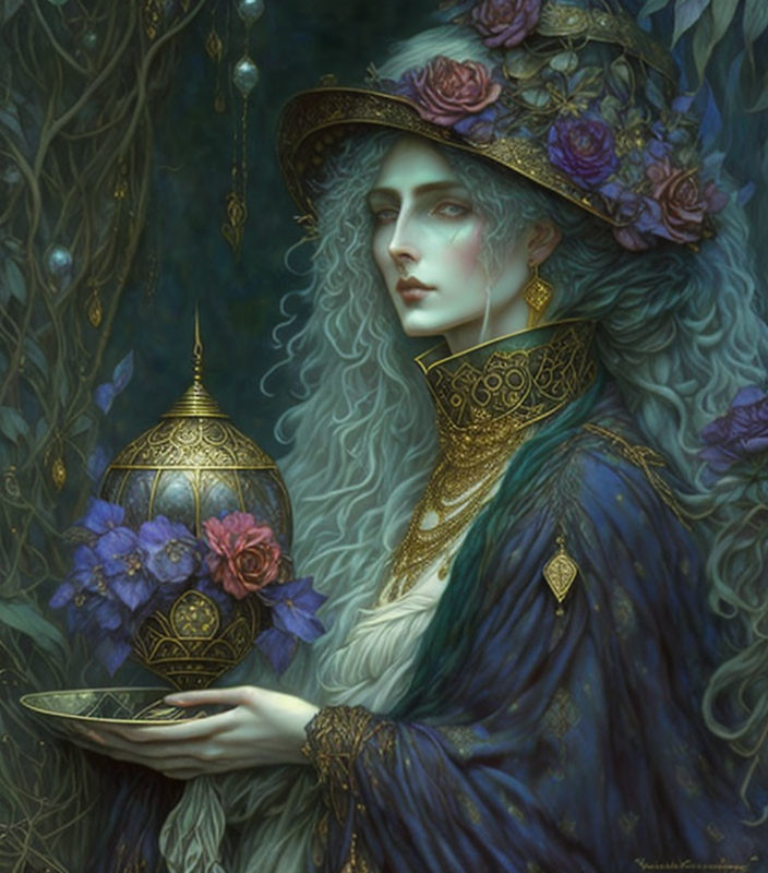 Fantasy illustration of pale woman in ornate blue and gold dress with lamp