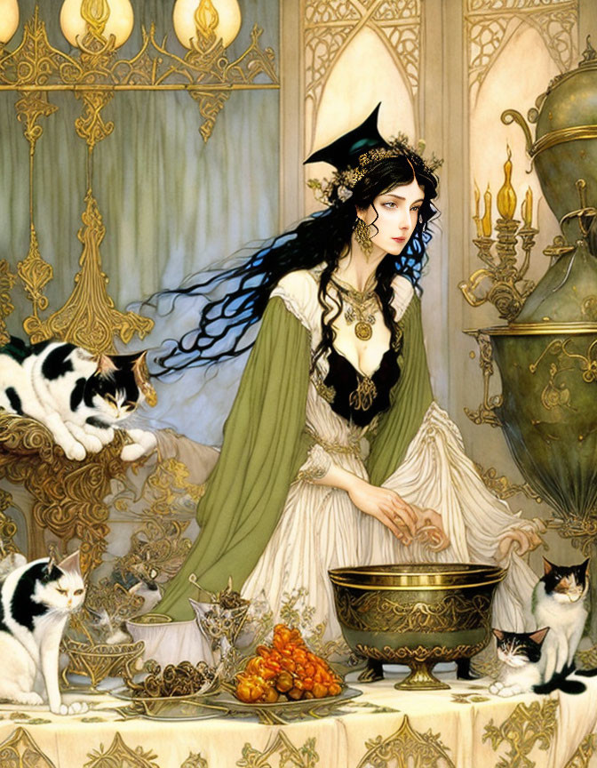 Fantasy illustration: Elegant woman in historical attire with cats, golden decor, and fruits