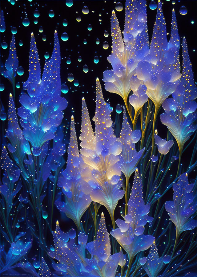 Luminous blue flowers on dark background with sparkling droplets