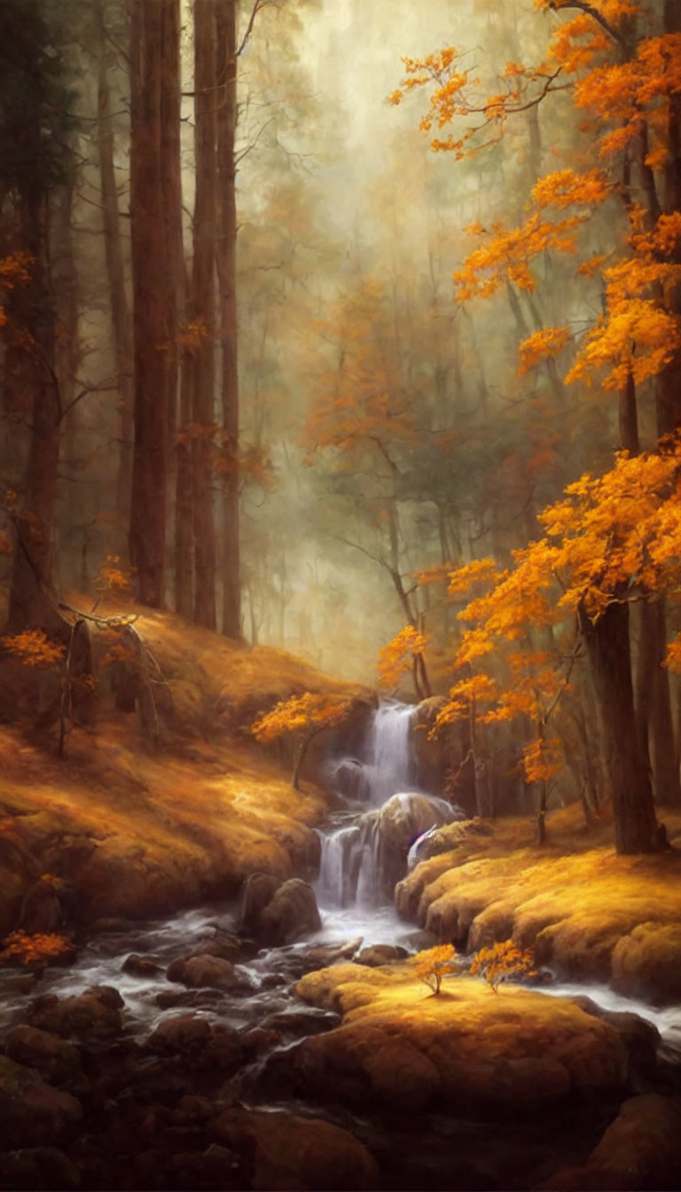 Tranquil forest scene with waterfall, golden foliage, stream, and mist