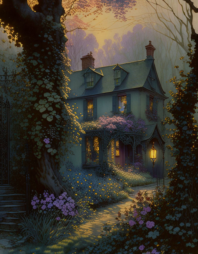 Twilight scene of ivy-covered house with blooming flowers