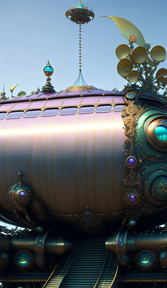 Steampunk-inspired airship with brass and gold accents and glowing blue orbs