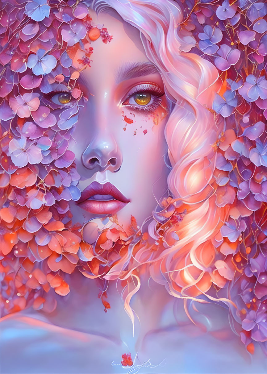 Colorful digital artwork: Woman's face with multicolored flower cascade
