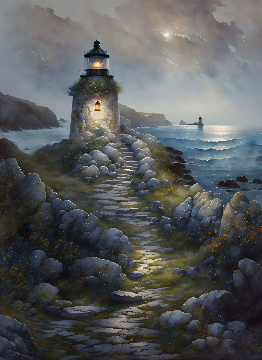 Illuminated lighthouse on rocky coast at dusk with crashing waves and distant lighthouse