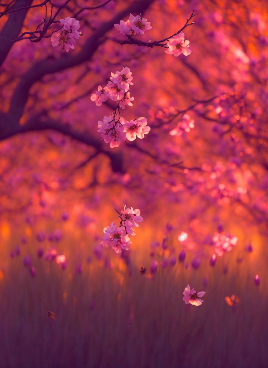 Bright pink cherry blossoms in full bloom against warm, purple backdrop