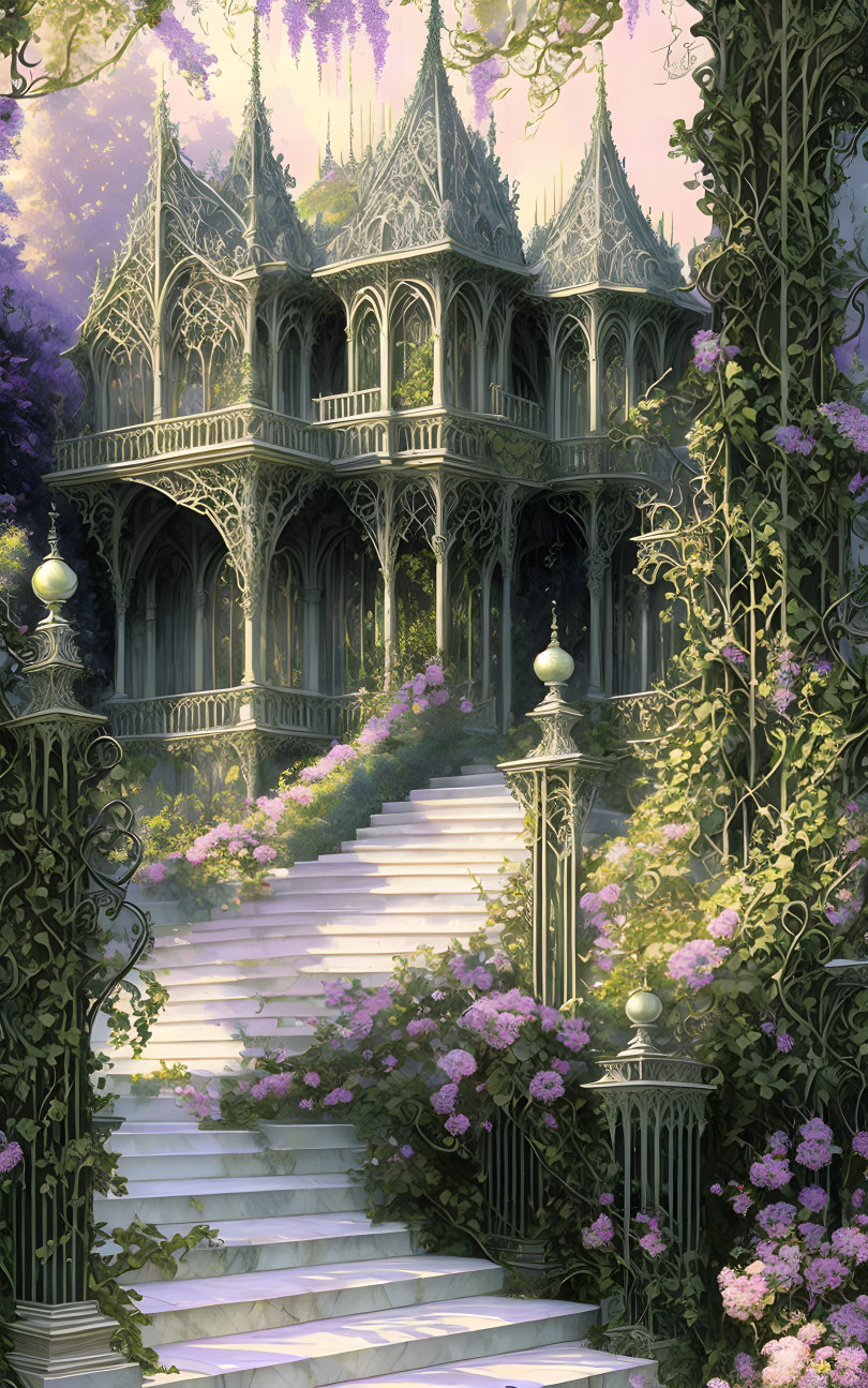 Grand Gothic-style Mansion Surrounded by Greenery and Flowers