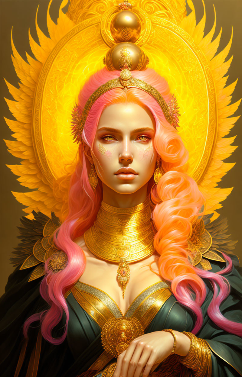 Regal woman with golden halo and pink hair portrait.