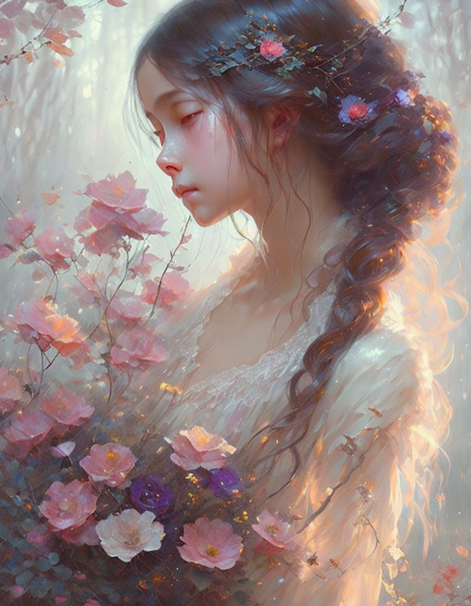 Young girl with flower crown and bouquet in dreamy setting