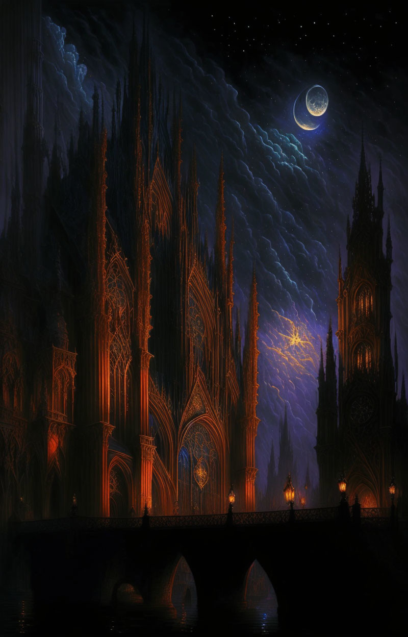 Gothic Cathedral Night Scene with Illuminated Windows