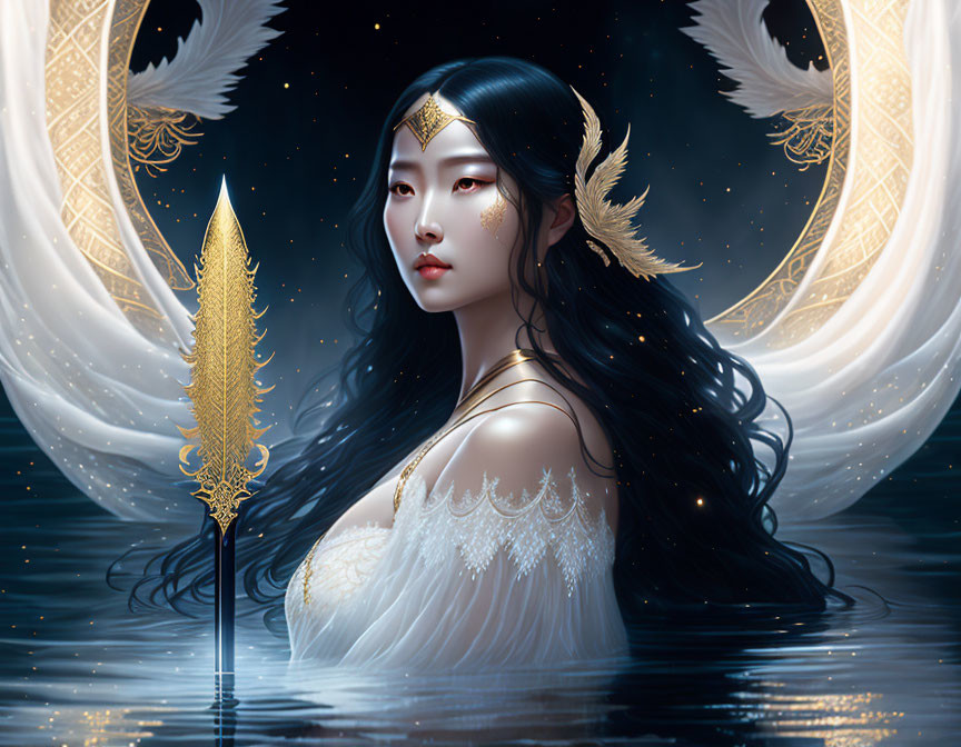 Ethereal woman with dark hair, golden ornaments, crescent moon, and spear.