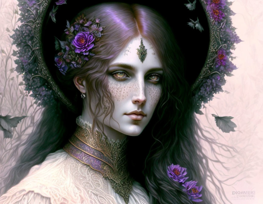 Ethereal woman with violet eyes and dark makeup adorned with purple flowers poses with enigmatic gaze