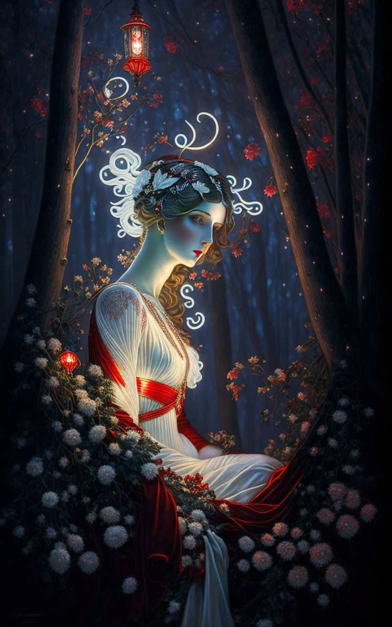 Illustration of woman with white hair in red & white dress, surrounded by flowers & woods with glowing