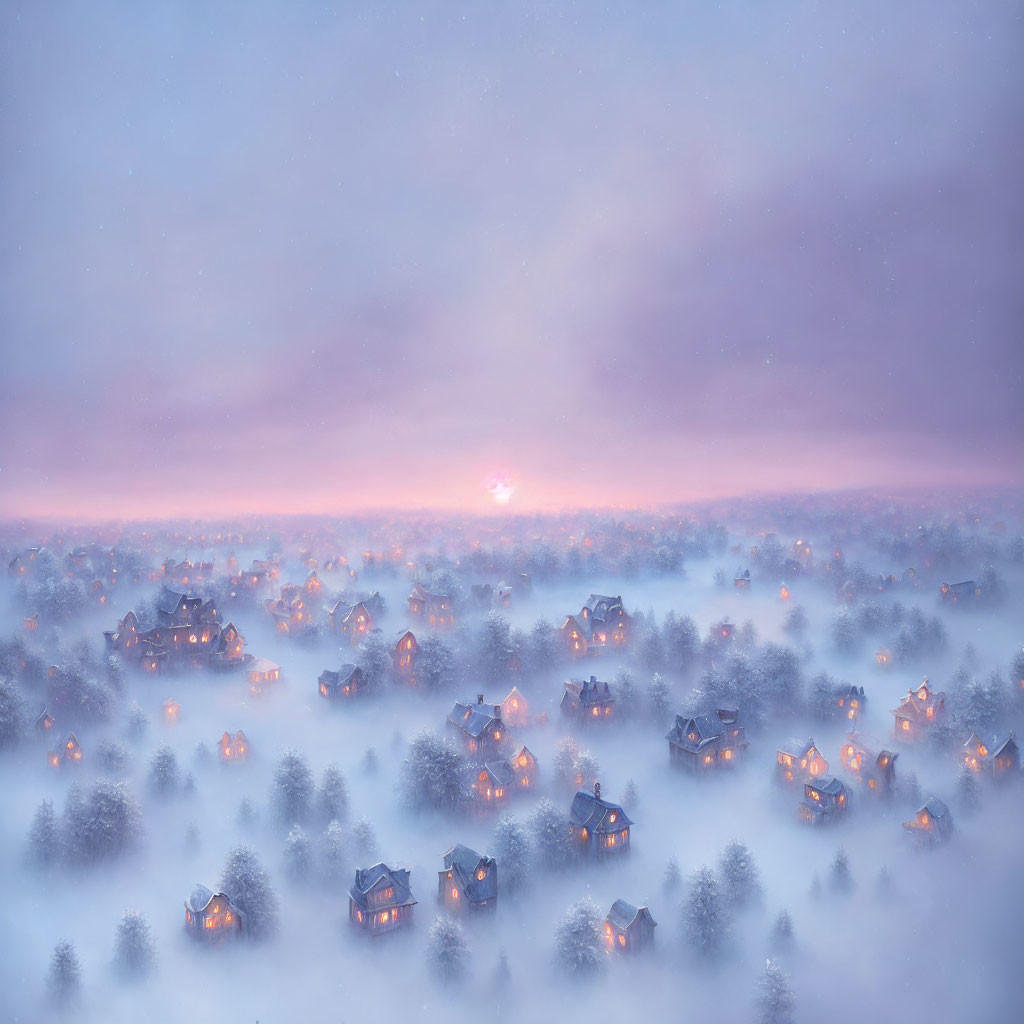 Winter Dusk Landscape: Cozy Houses in Snowy Trees