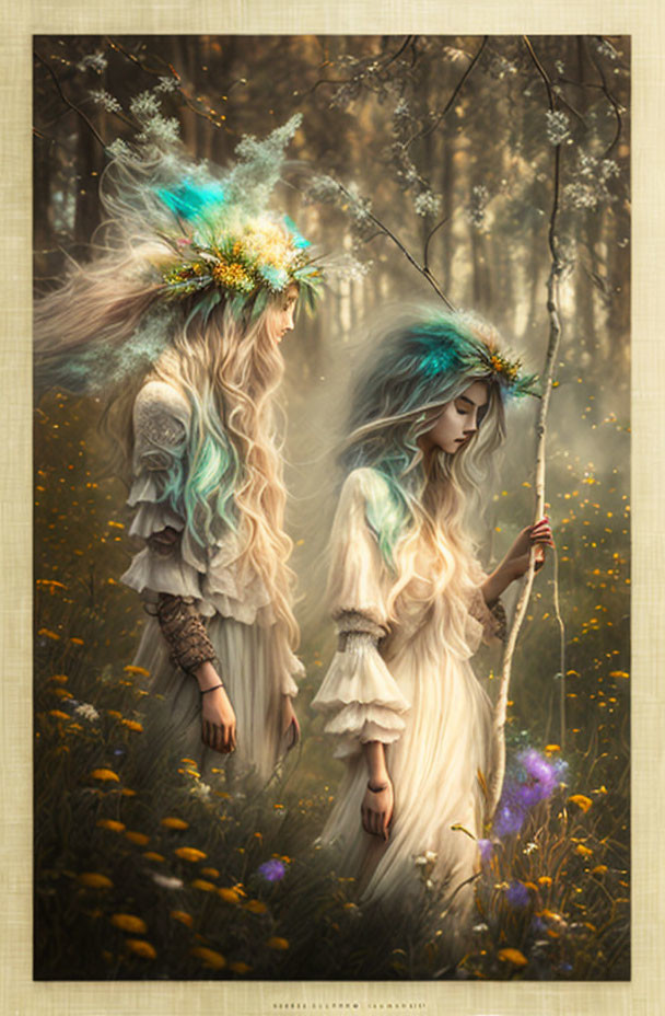 Ethereal women with floral crowns in mystical forest