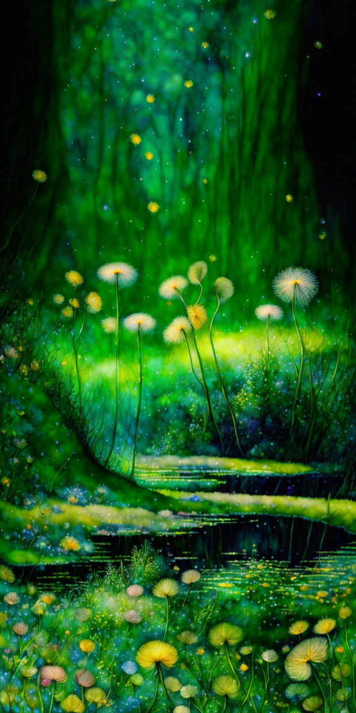 Dreamlike painting: Dandelion seeds in magical forest.