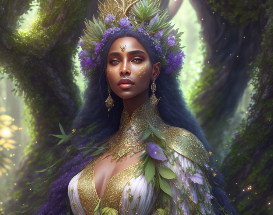 Regal woman with purple floral adornments in enchanted forest