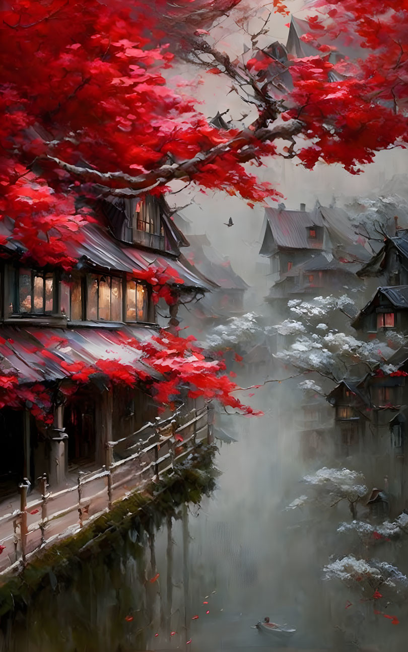 Traditional houses by misty river with glowing windows and vibrant red leaves