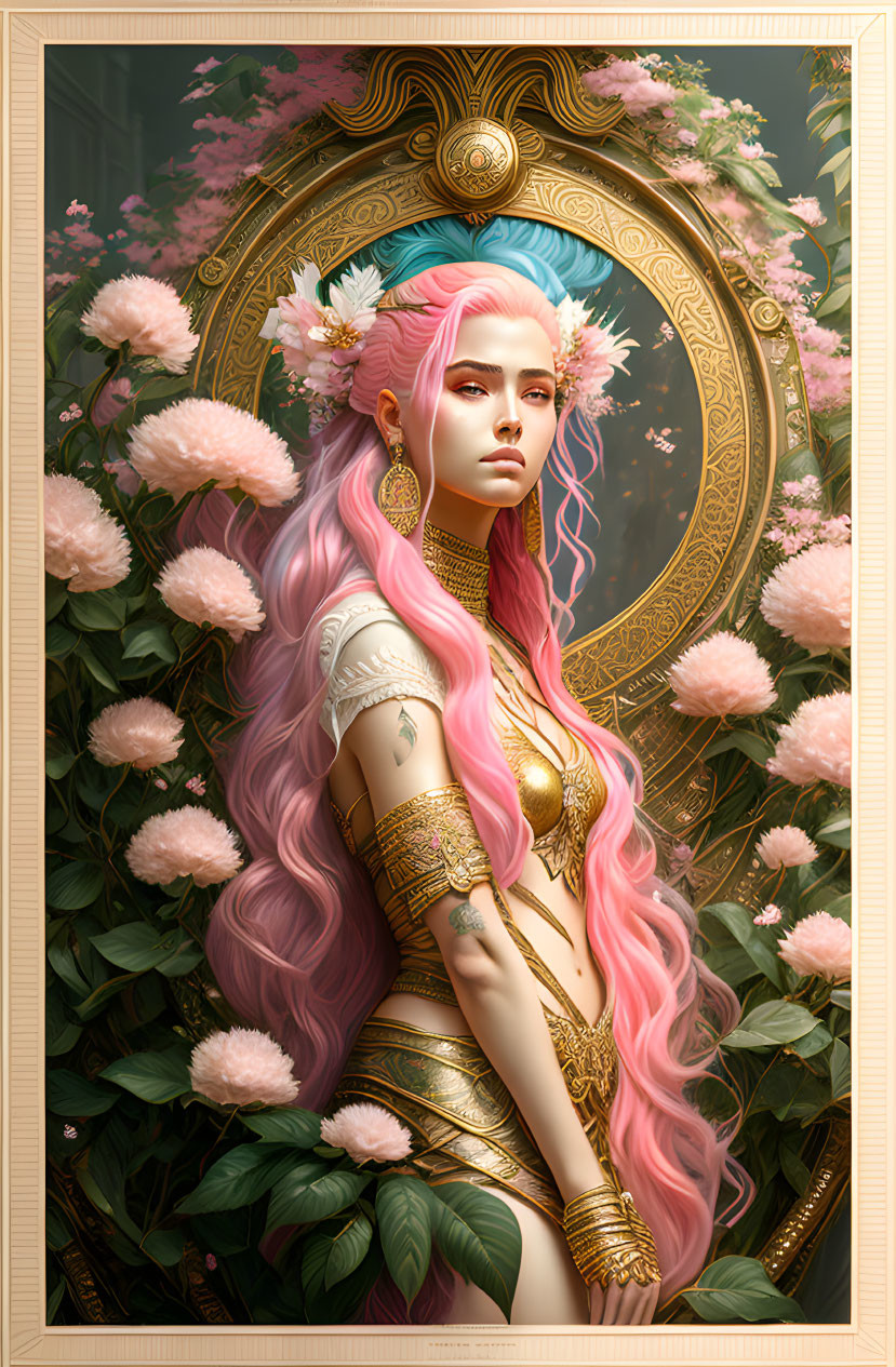 Character with Pink Hair & Floral Adornments in Gold Jewelry, Ornate Circular Frame & Flowers