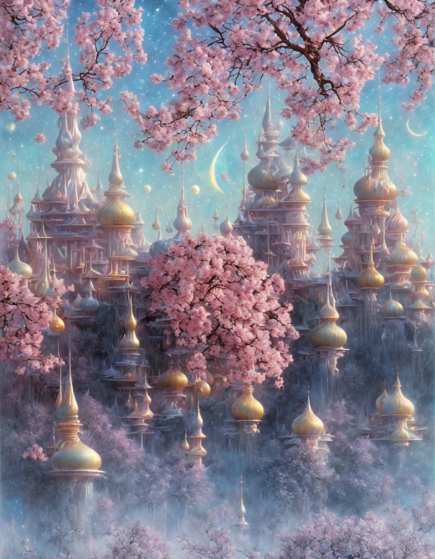 Fantastical scene: towering spires, pink cherry blossoms, magical sky.