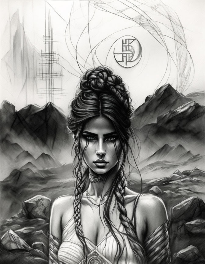 Monochrome fantasy illustration of woman with braided hair and armor in mystical mountain setting