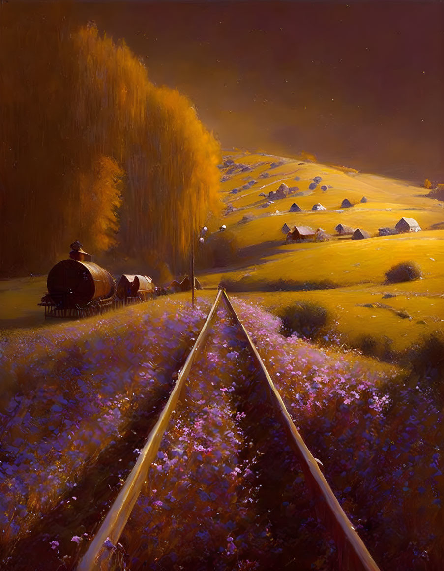 Vintage train passing through scenic countryside with purple flowers, golden trees, and cozy houses under warm sky