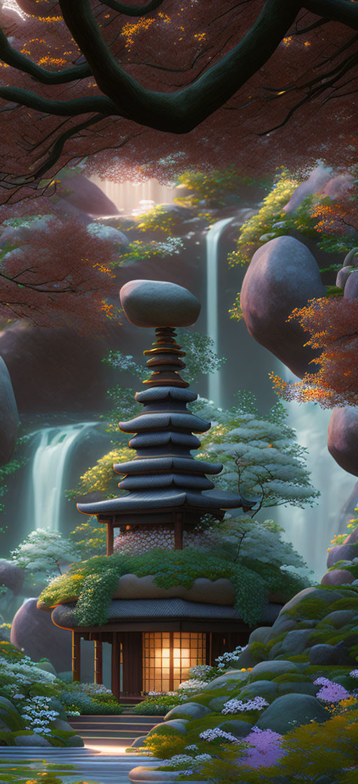 Traditional pagoda in lush forest with waterfall and warm light