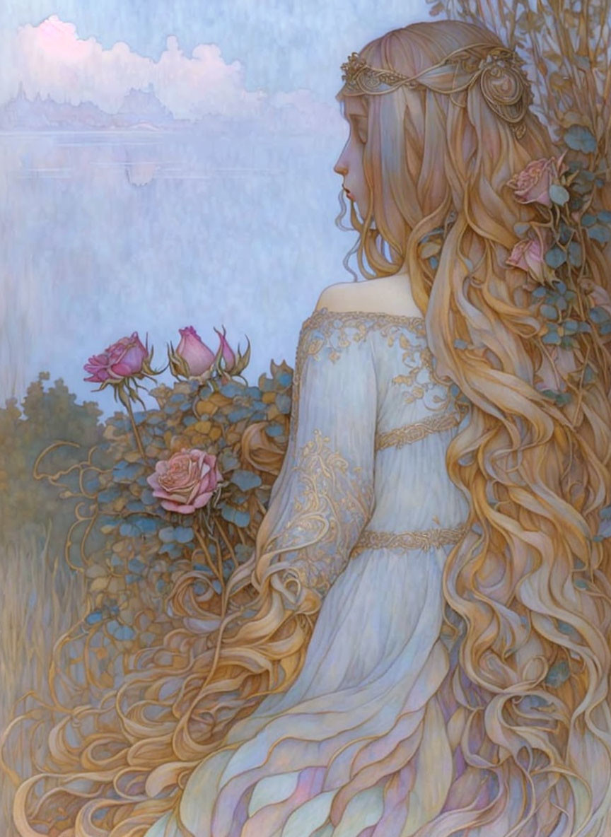 Fantasy illustration of woman with golden hair in rose garden