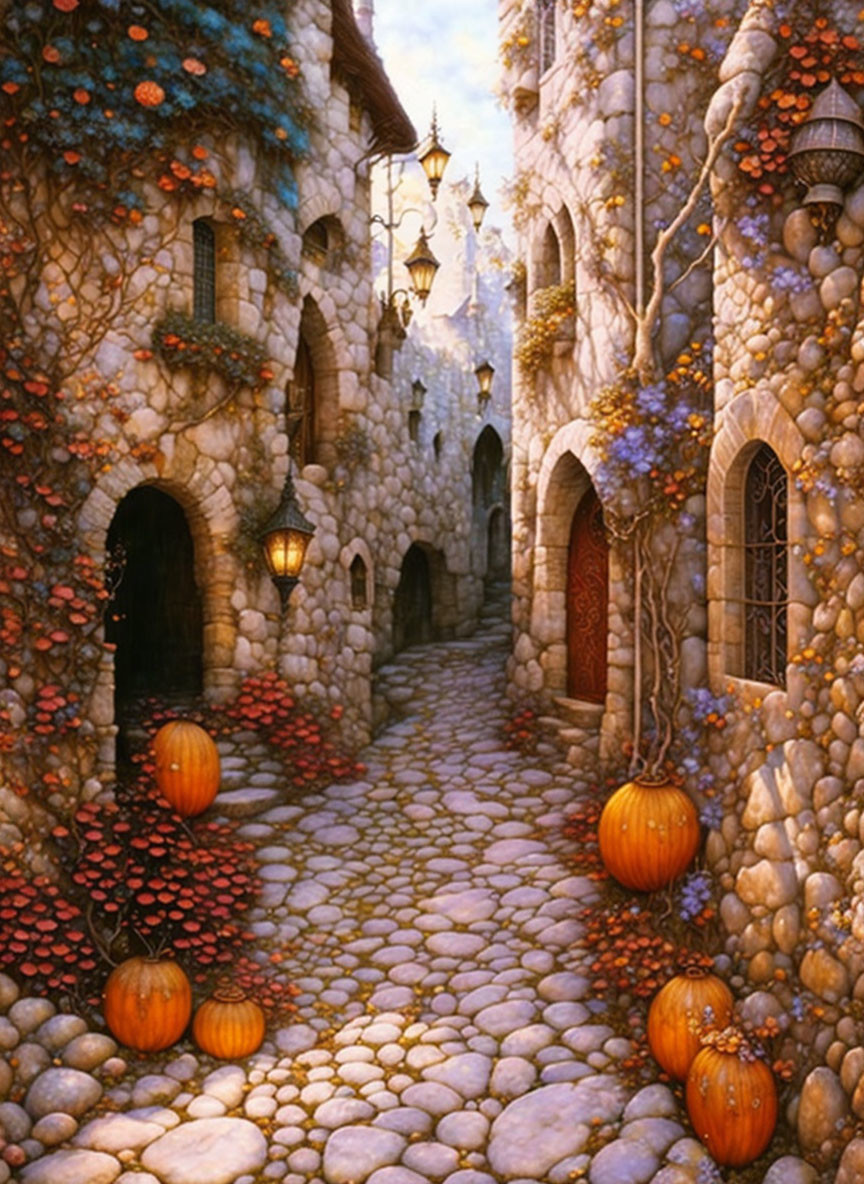 Enchanting Stone Village with Cobblestone Pathway & Autumn Decor