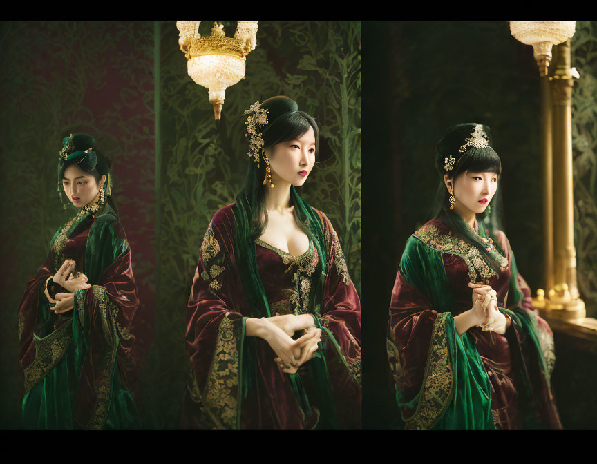 Triptych of Woman in Asian Attire with Chandelier on Patterned Backdrop