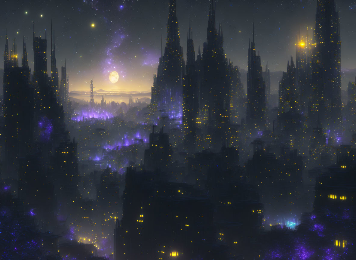 Futuristic night cityscape with illuminated towers and moonlit sky