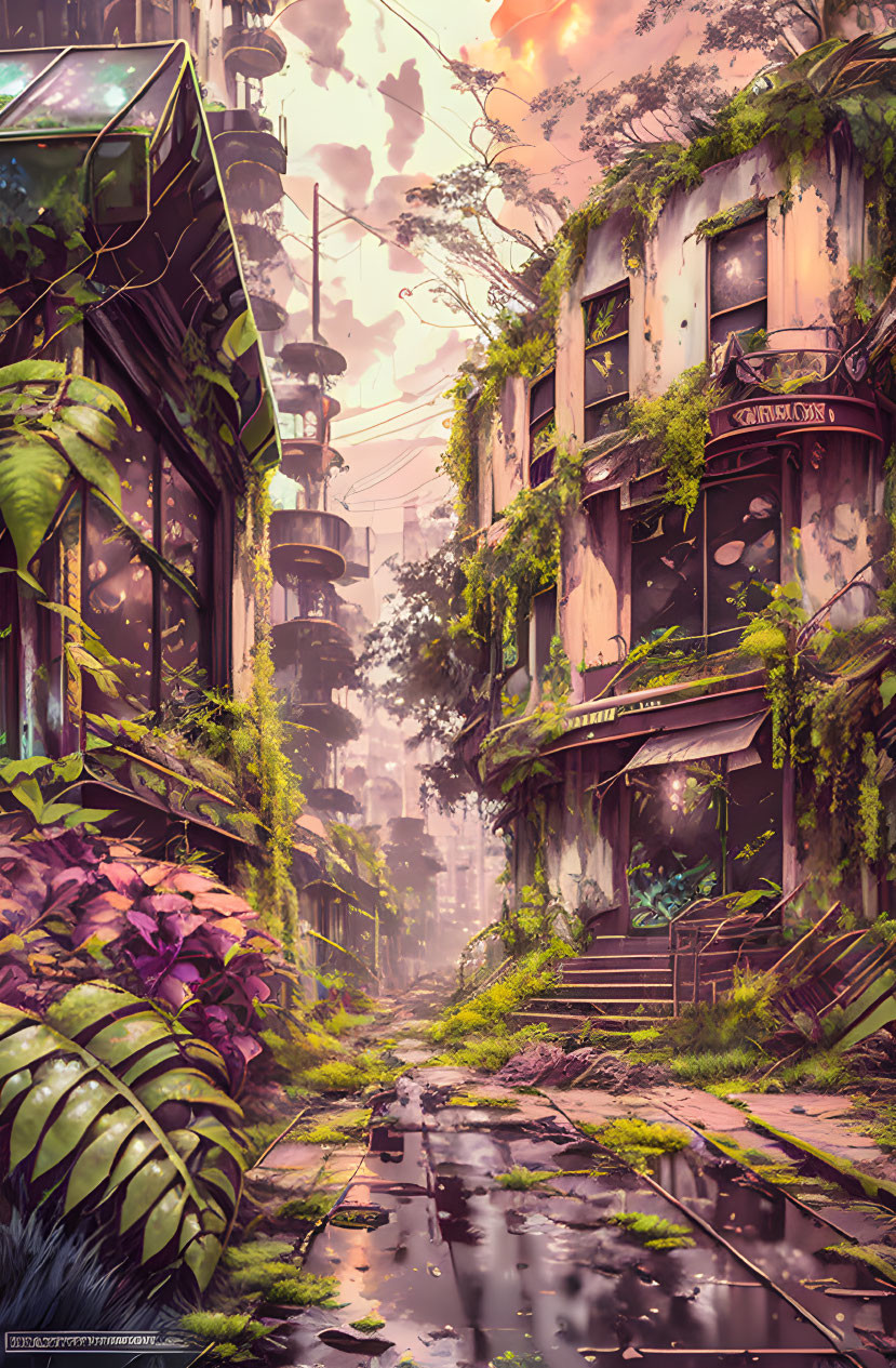 Overgrown post-apocalyptic city street with dilapidated buildings