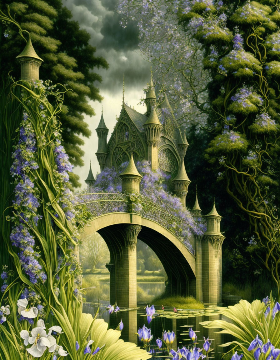 Fantastical castle with spires and ornate bridge in lush greenery