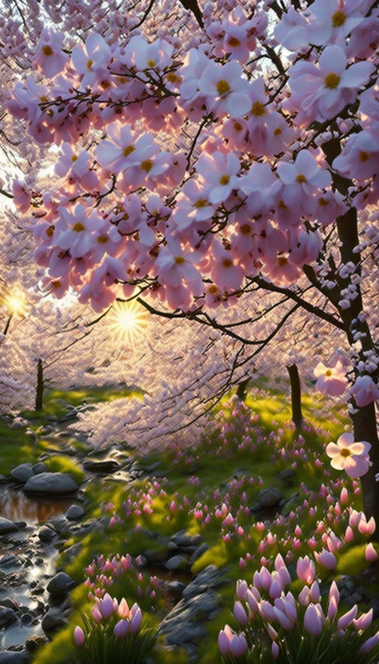 Springtime Cherry Blossom Canopy at Sunset Over Stream