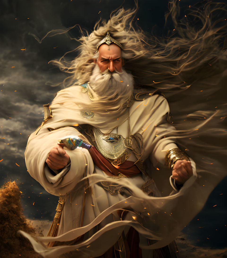 Elderly wizard in ornate robes with crystal under stormy sky