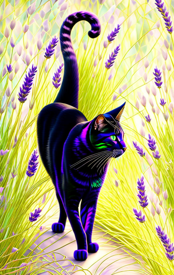 Colorful Black Cat Illustration in Grass and Psychedelic Background