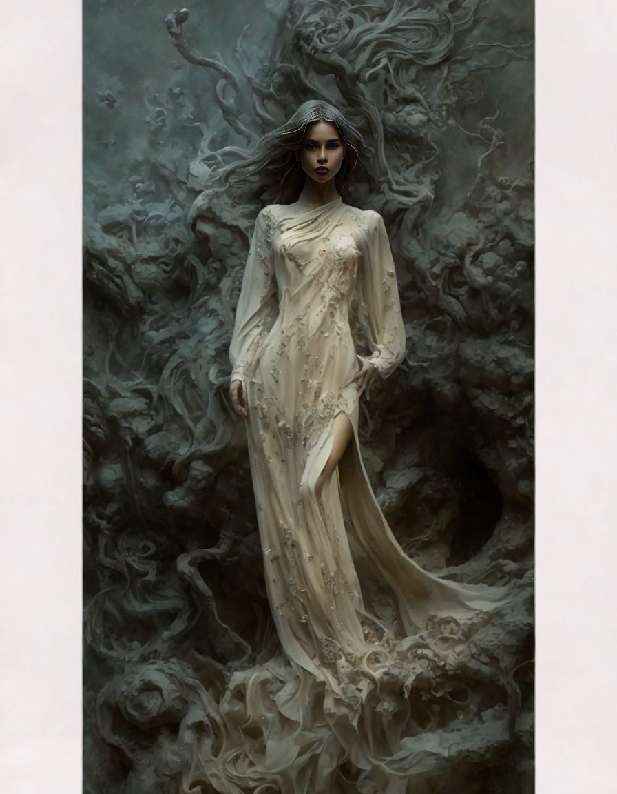 Ethereal woman in beige gown surrounded by swirling mist and dark hair