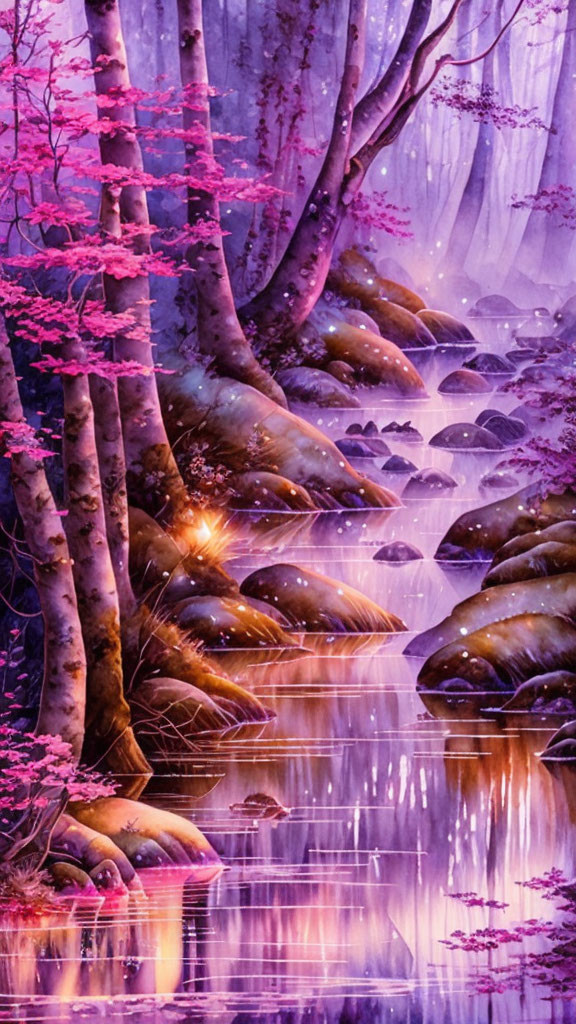 Fantasy-inspired landscape with purple hues, pink foliage, and tranquil water.