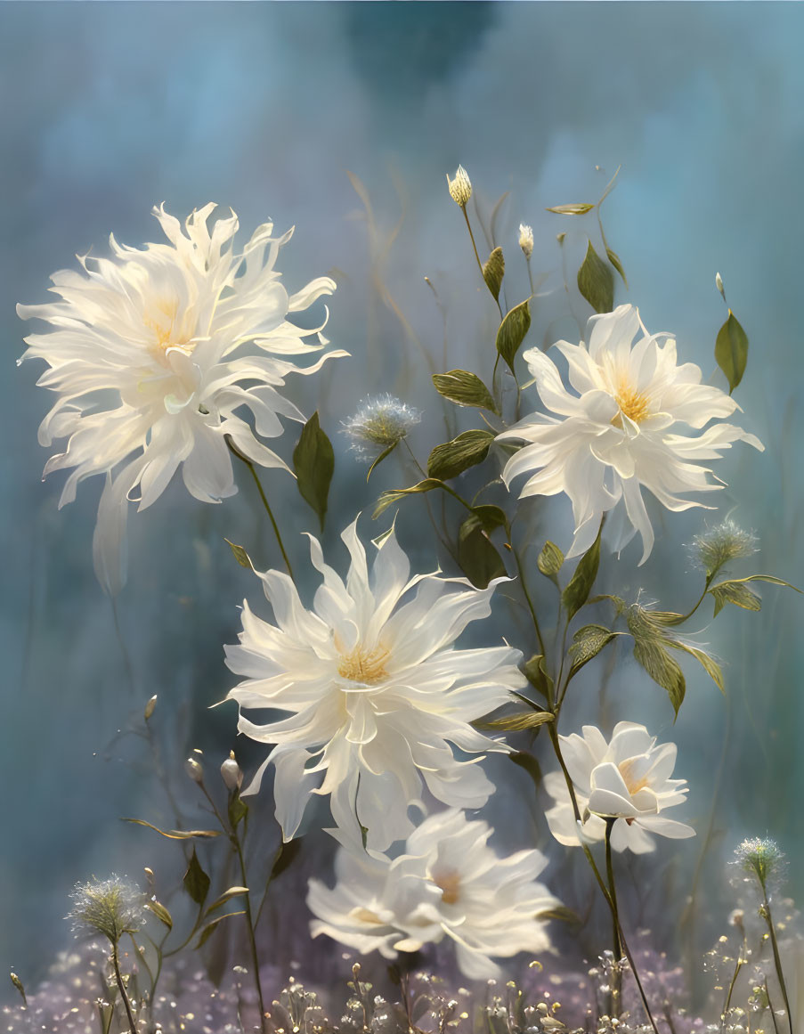 Delicate white flowers in full bloom on soft blue background