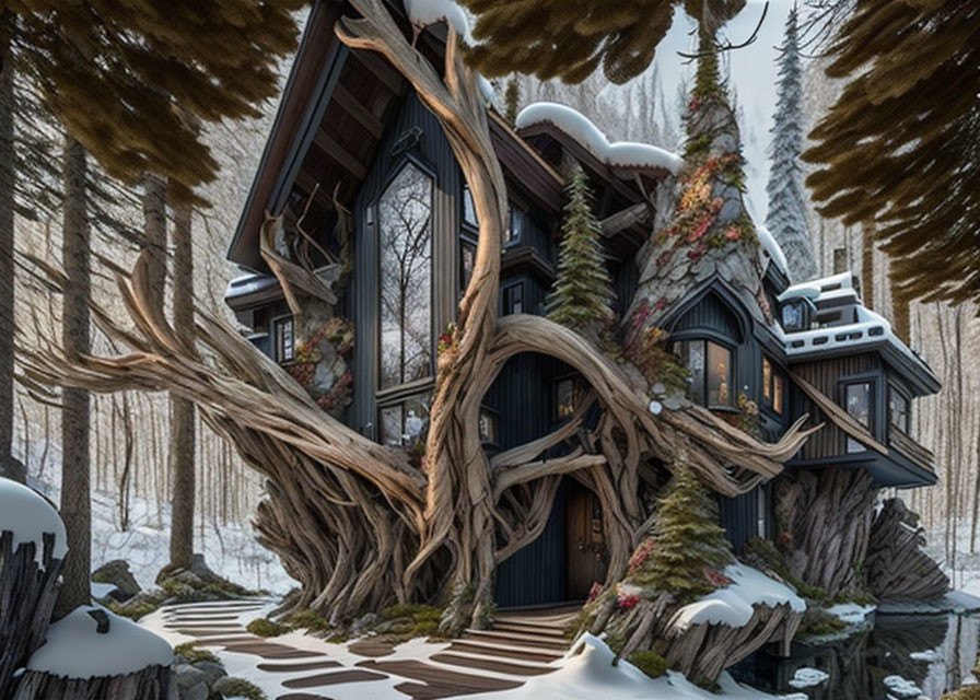 Unique wintry forest treehouse with large windows and camper van, surrounded by snow-covered landscape