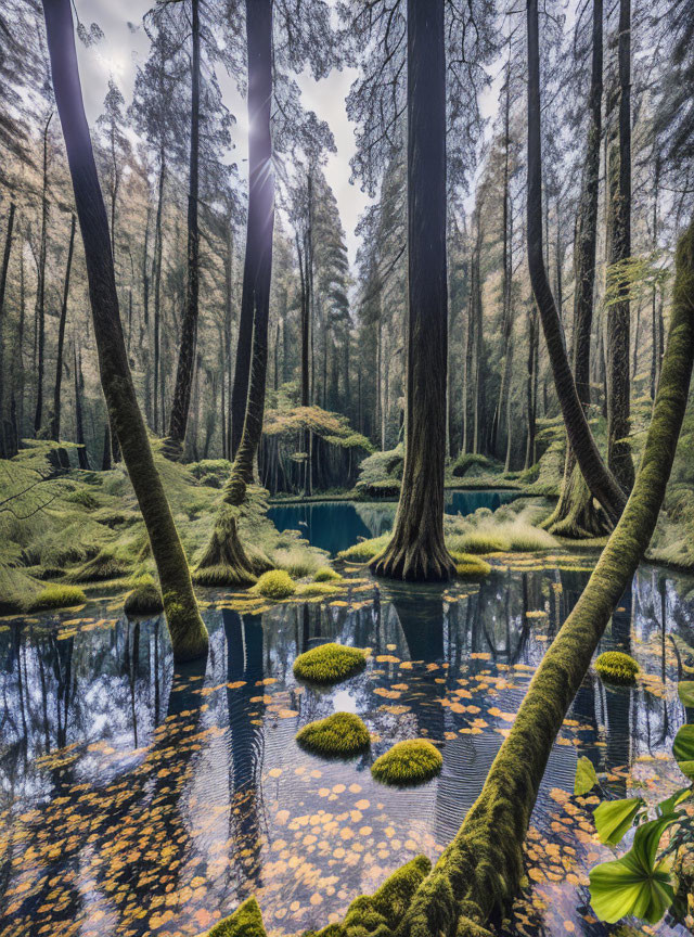 Serene forest pond with moss-covered trees and floating leaves