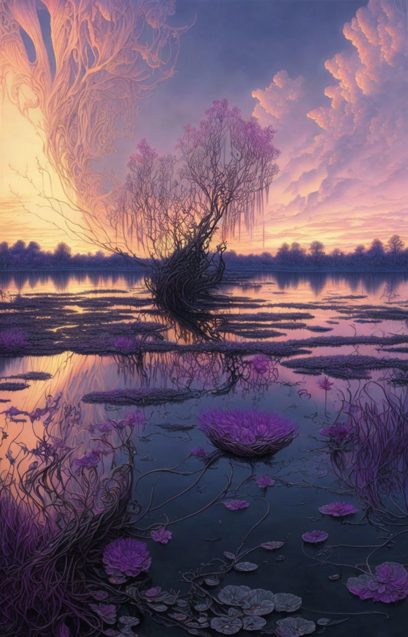 Fantasy landscape with vibrant twilight sky, twisted tree, tranquil water, and delicate flowers.