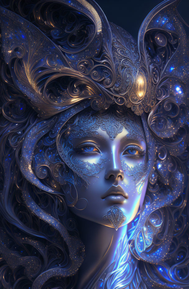 Mystical female figure with glowing blue headgear on dark background