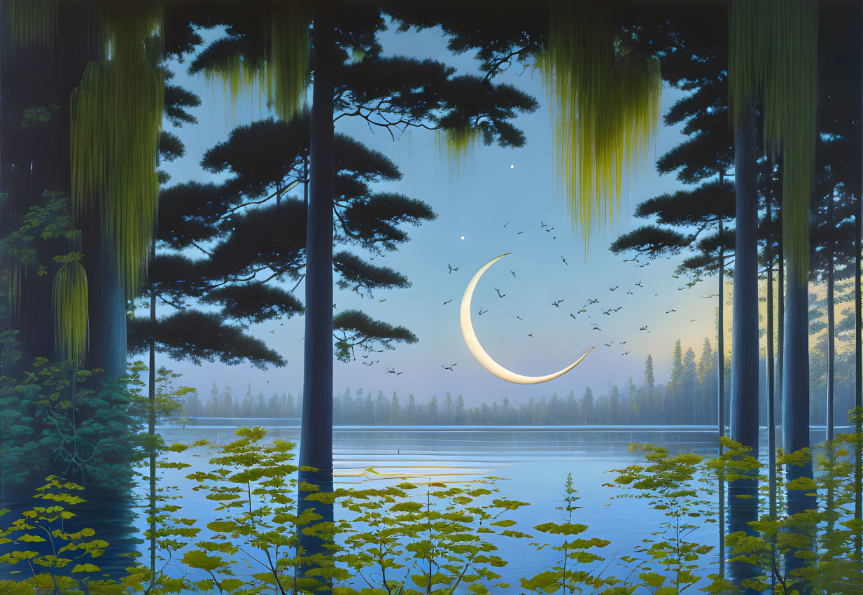 Moonlit forest painting with reflective water, flying birds, lush greenery.