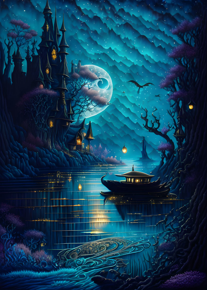 Moonlit Night Scene: Boat on River, Illuminated Houses, Eerie Trees, Marine Life