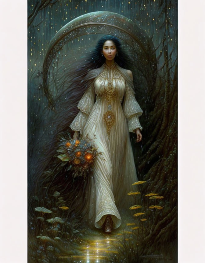 Mystical woman in white gown with bouquet in glowing forest