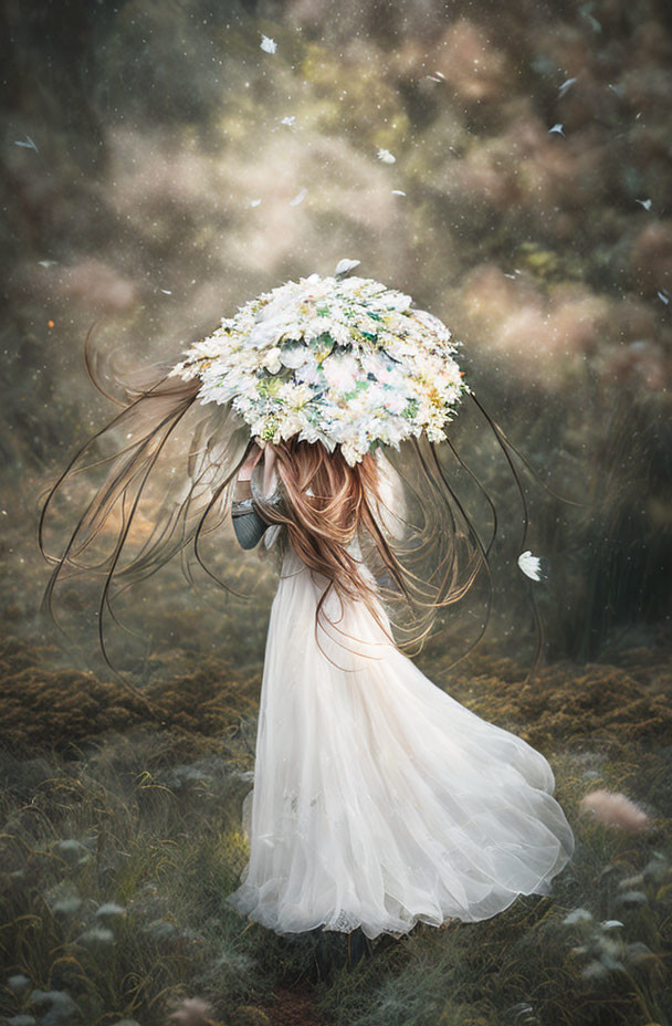 Woman in white dress with floral arrangement in whimsical forest setting