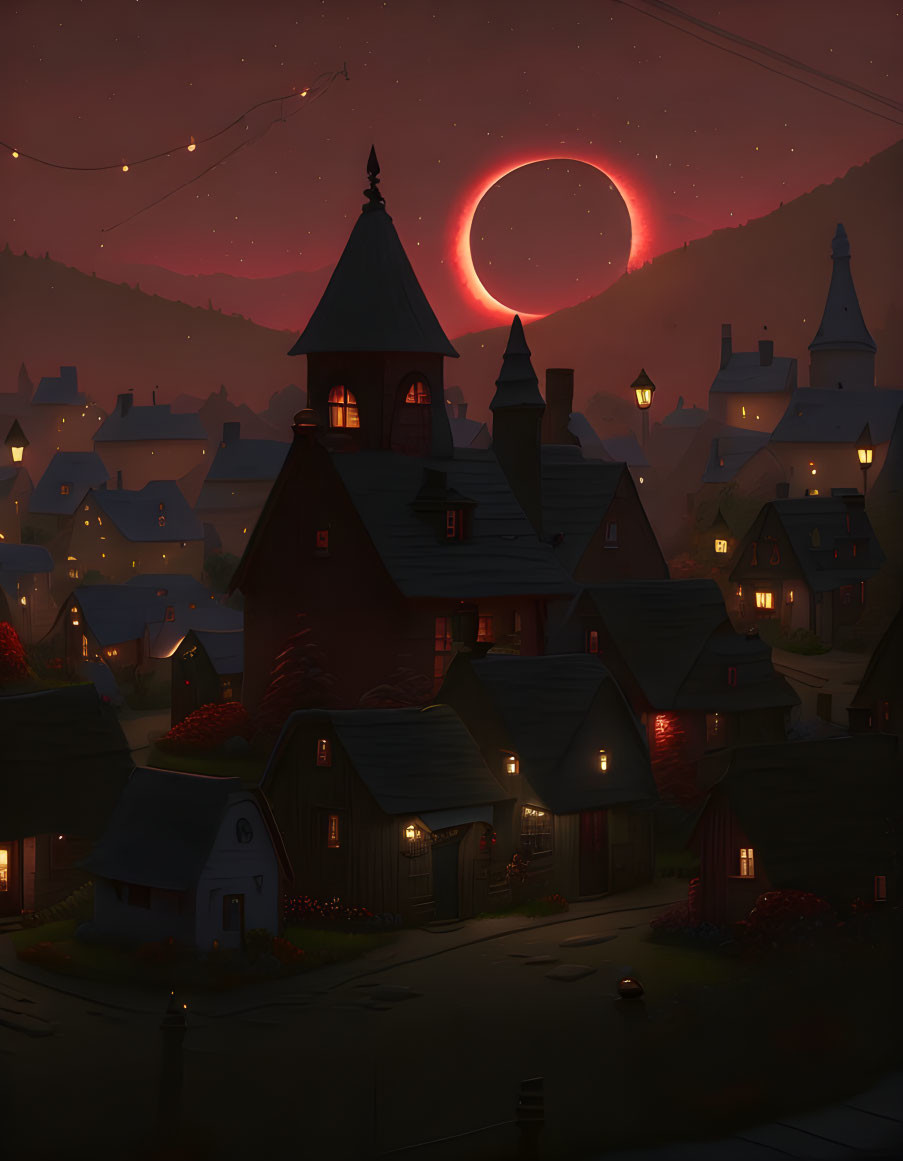 Village at Dusk with Red Eclipse and Warm Lights