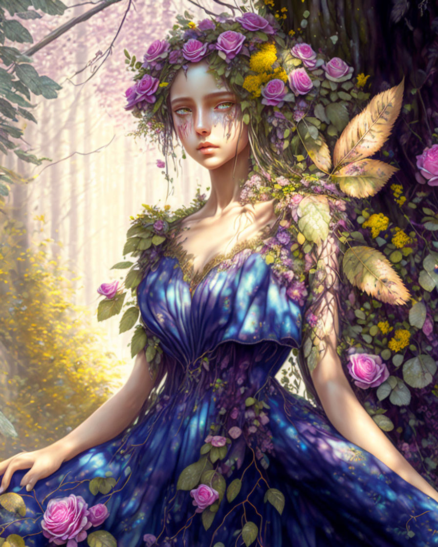 Illustrated female figure in blue dress with floral crown, surrounded by lush greenery and flowers.