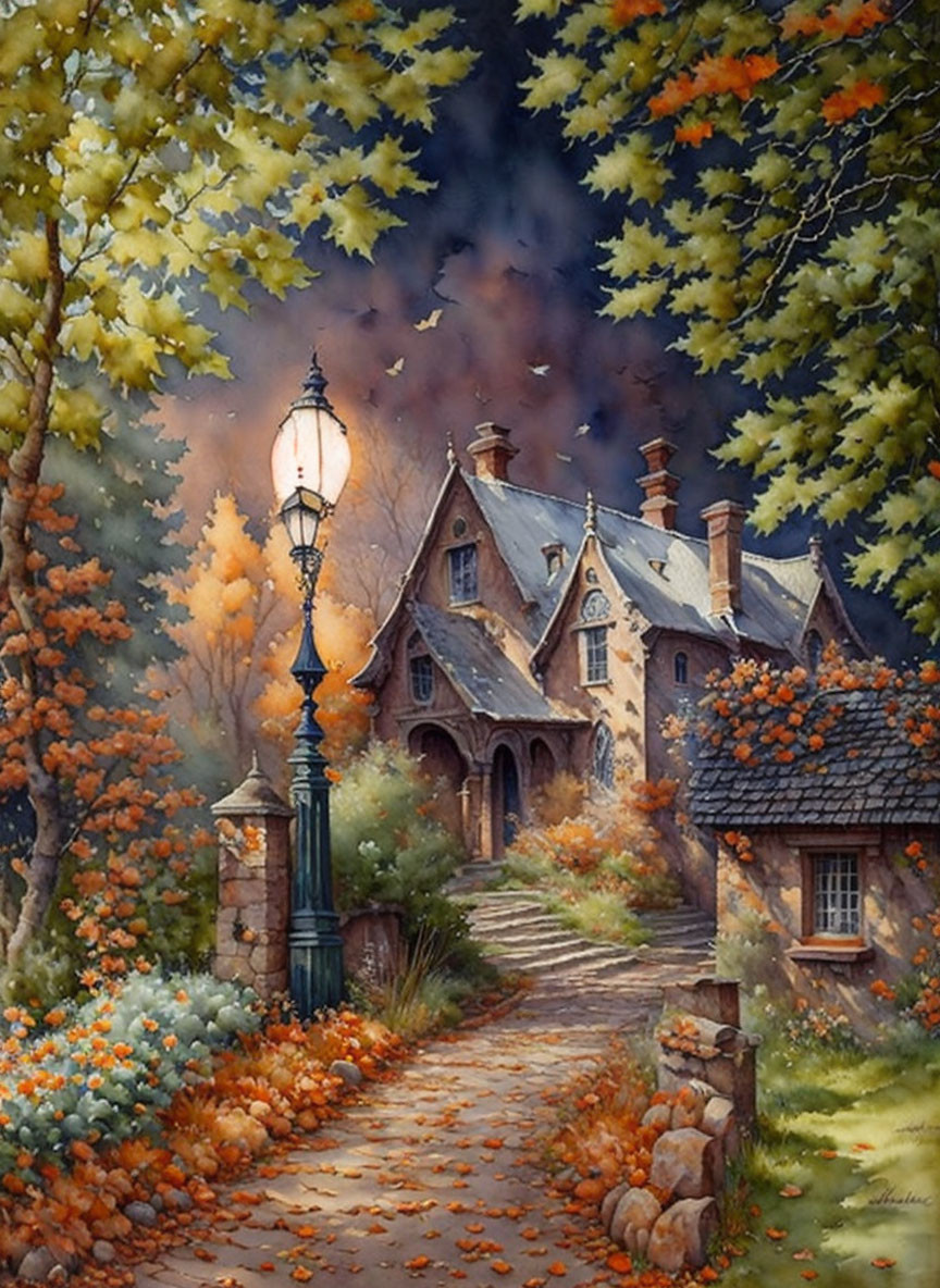 Tranquil autumn landscape with stone cottage, colorful foliage, street lamp, and cobblestone path