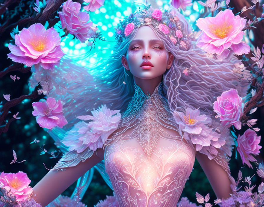 Digital artwork: Fairy woman with pink flowers and lace attire